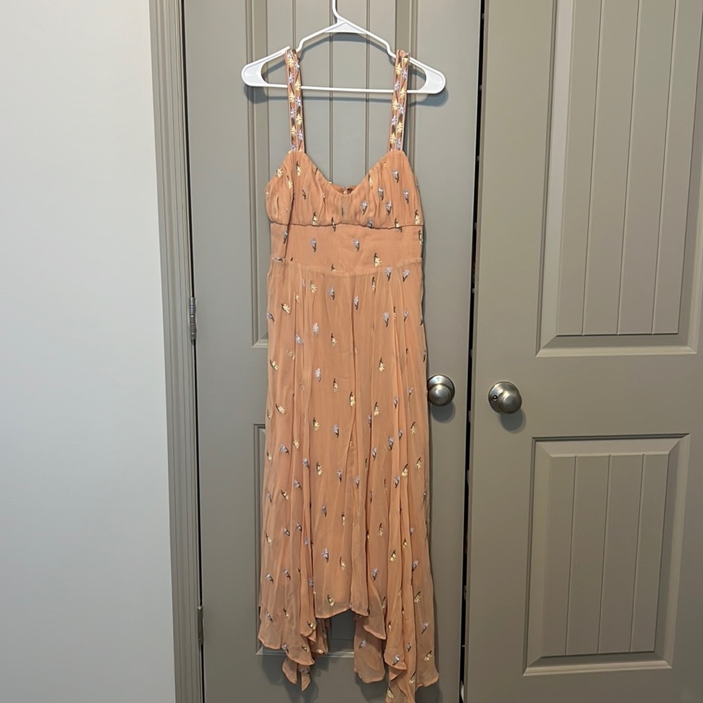 Majorelle REVOLVE fairy midi flowy flower dress in nude peach